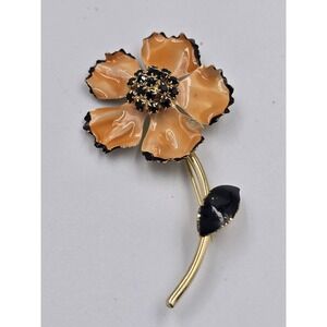 Vintage Castlecliff Orange Black Enamel Flower Brooch Pin Gold Tone Rhinestone
